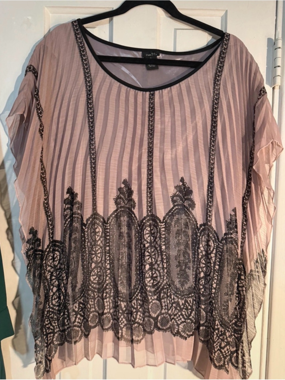 Rue21 Blush Pink Pleated Blouse with Black Lace Trim